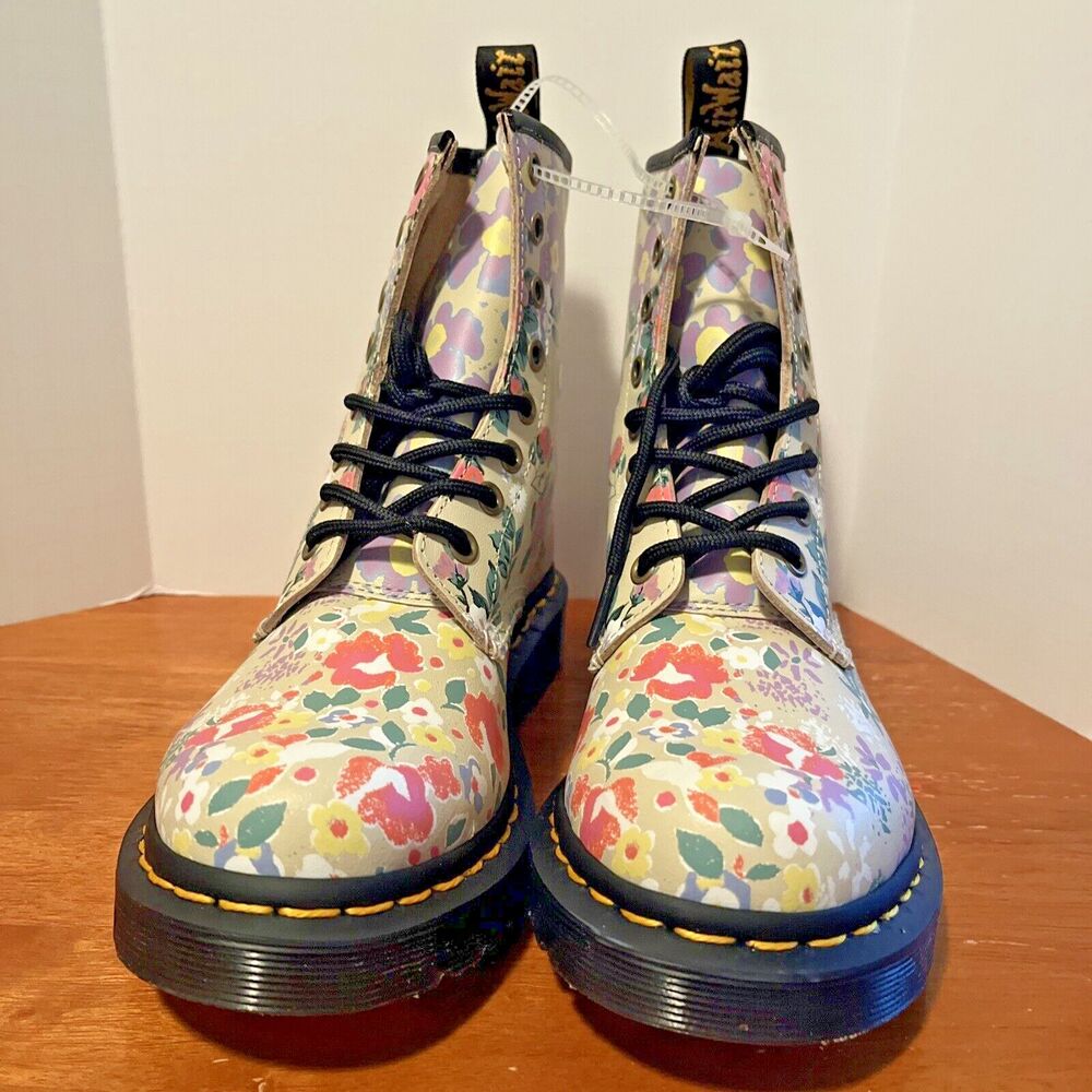 Dr Martens Floral Mash Up Backhand Leather Womens 6 Boots 1460‎ Parchment Beige - Picture 2 of 9